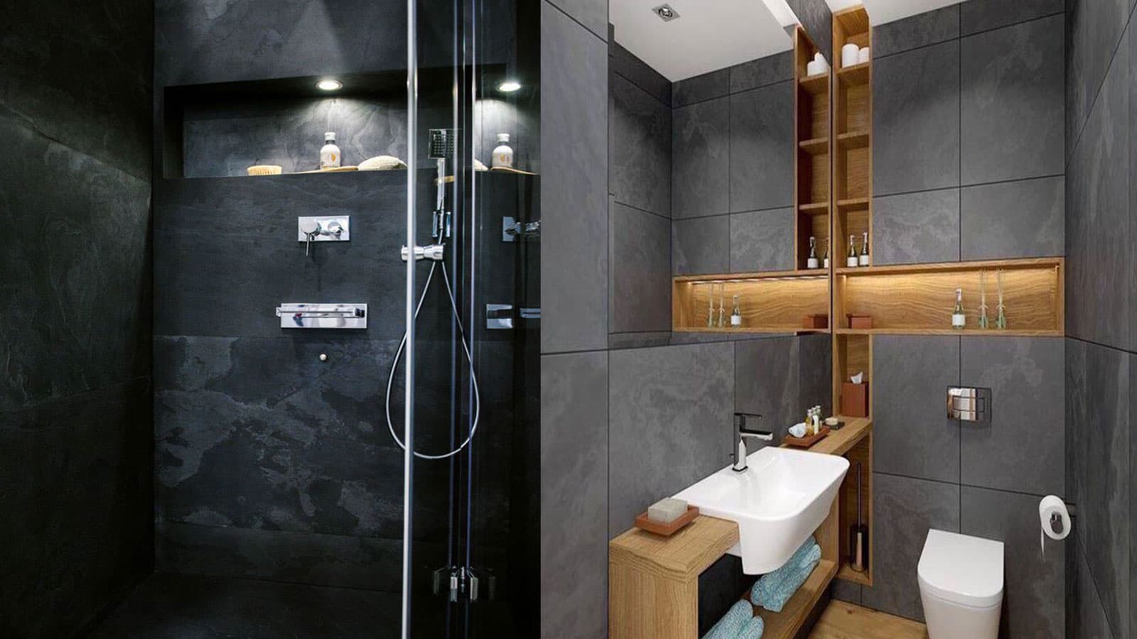 Bad und Dusche in dunklem Schiefer