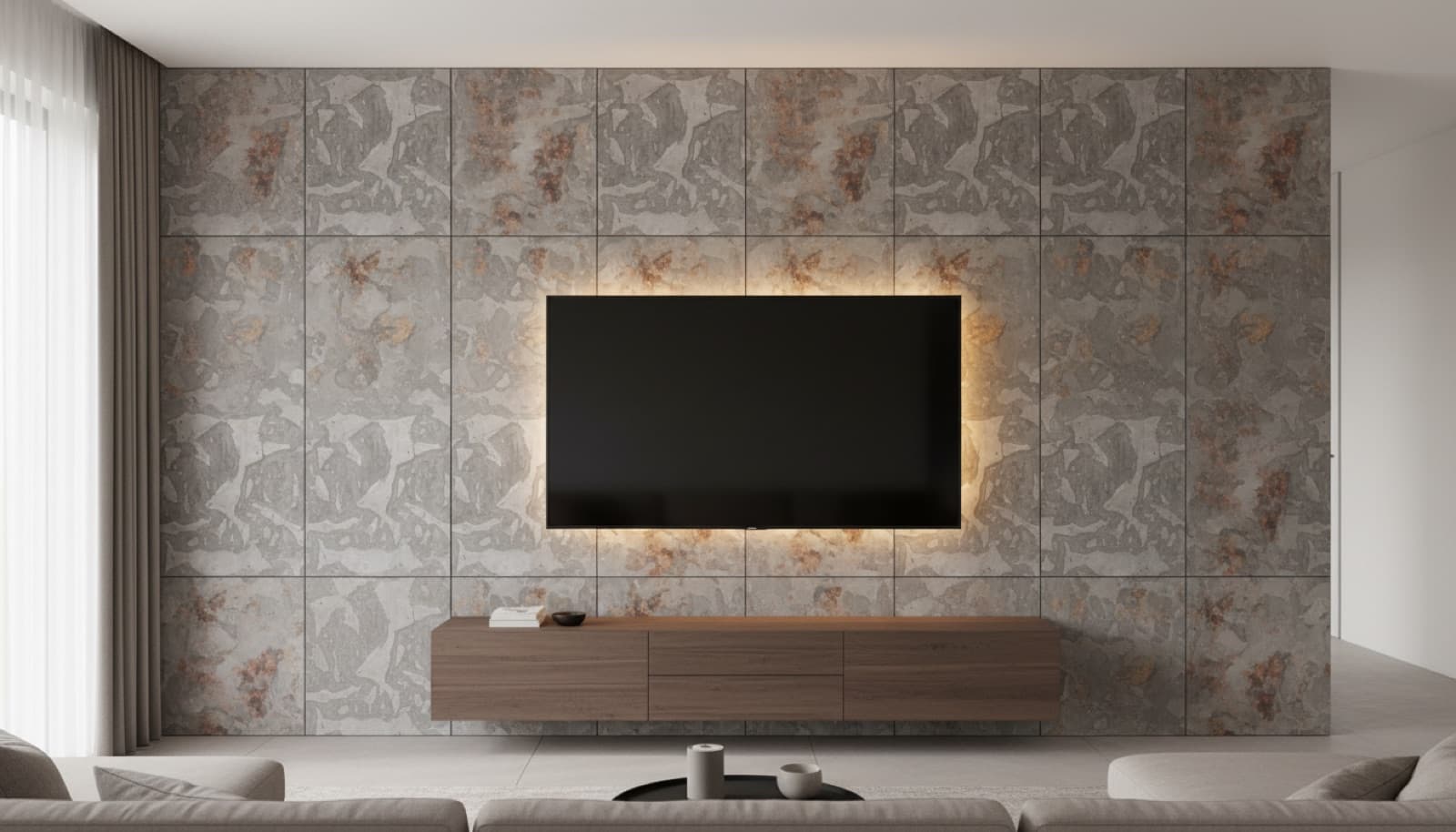 TV-Wand in Metalloptik