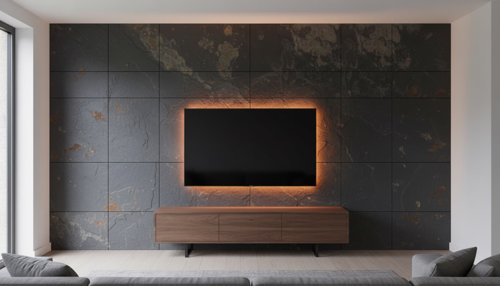 Steinwand an der TV-Wand
