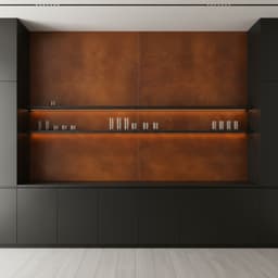 Bar-Rückwand aus Natur Rost mit beleuchteten Regalen