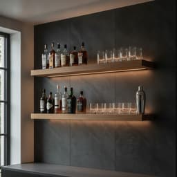 Bar-Rückwand aus Saphire Schiefer mit beleuchteten Regalen