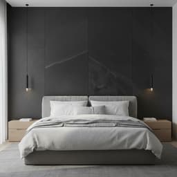 Schlafzimmerwand aus Echtsteinfurnier Saphire hinter dem Bett