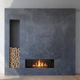 Schwarzes Gries Schiefer als Kaminverkleidung mit Holznische, Platten 122 × 244 cm