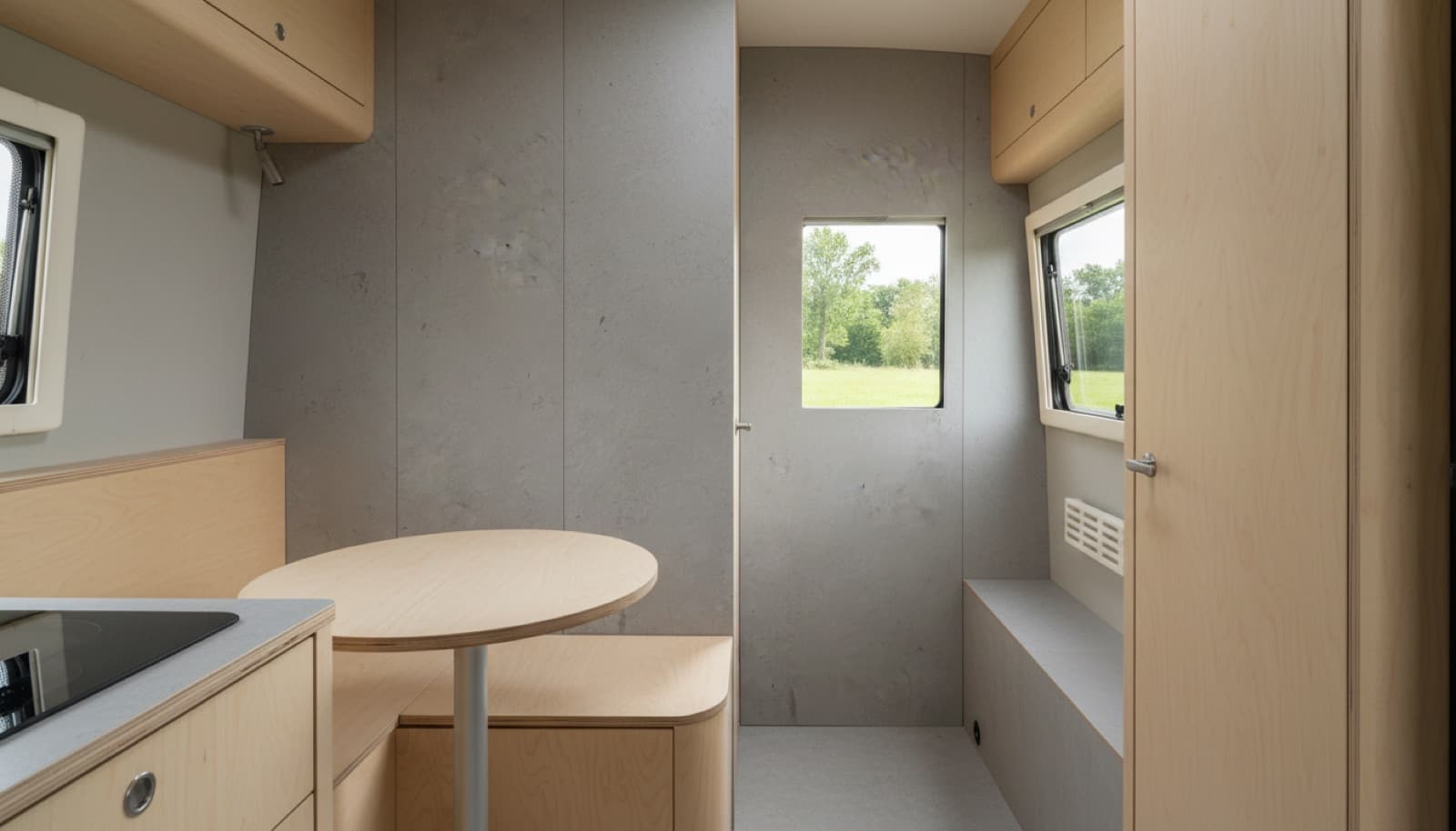 Sitzgruppe im Camper mit Schieferrückwand